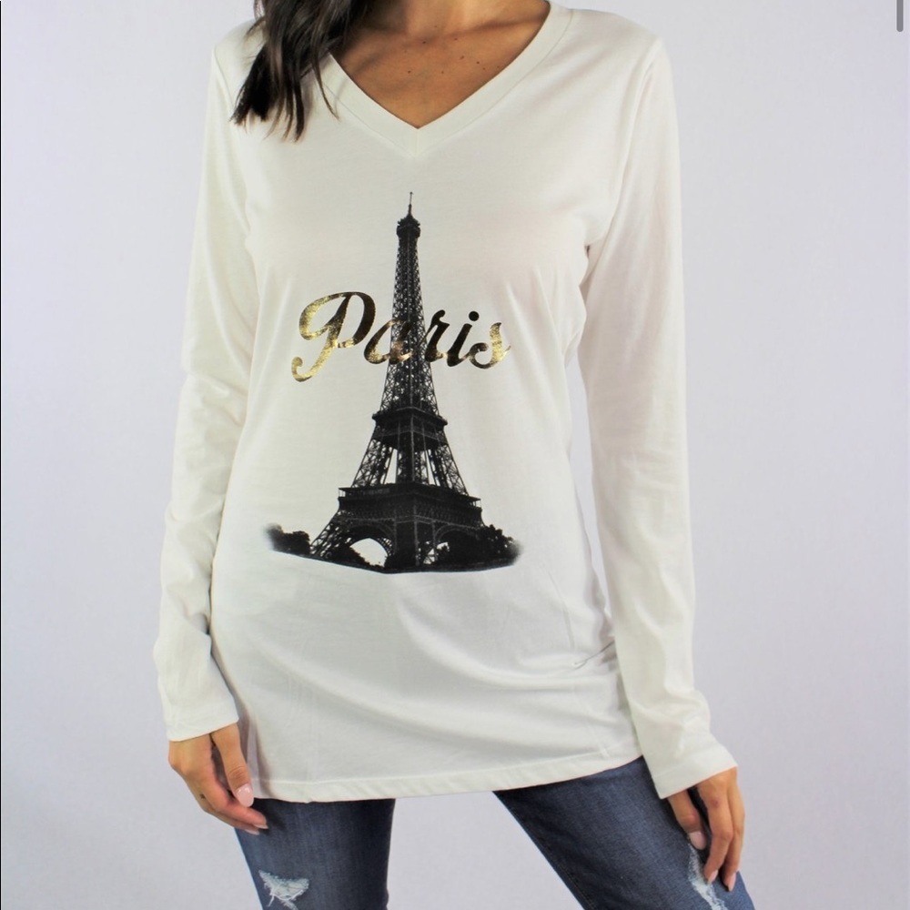 Paris Graphic Long Sleeve Cream V-Neck T-Shirt